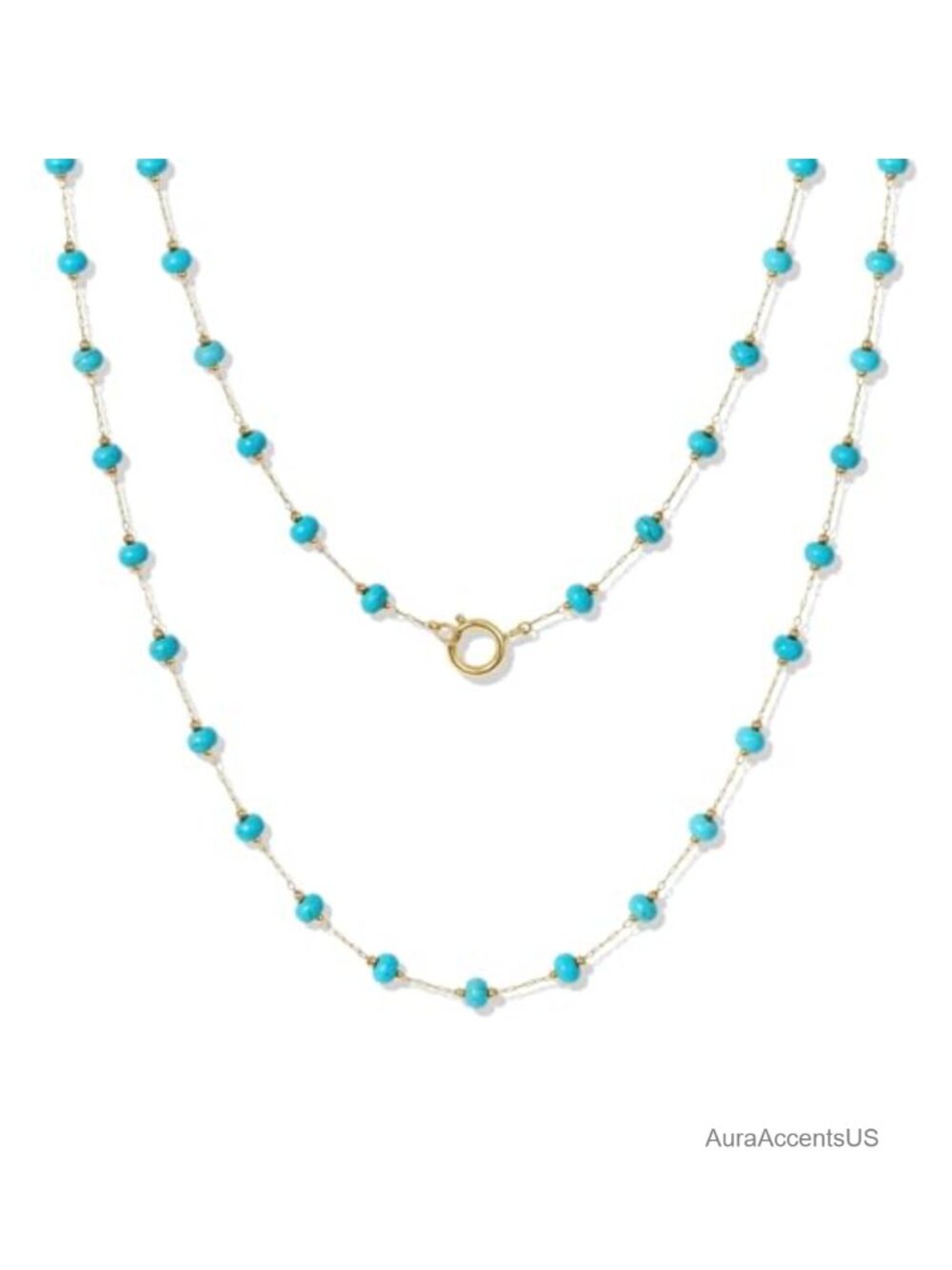 KissYan Natural Turquoise Beaded Long Necklace 14k Gold Plated Chain